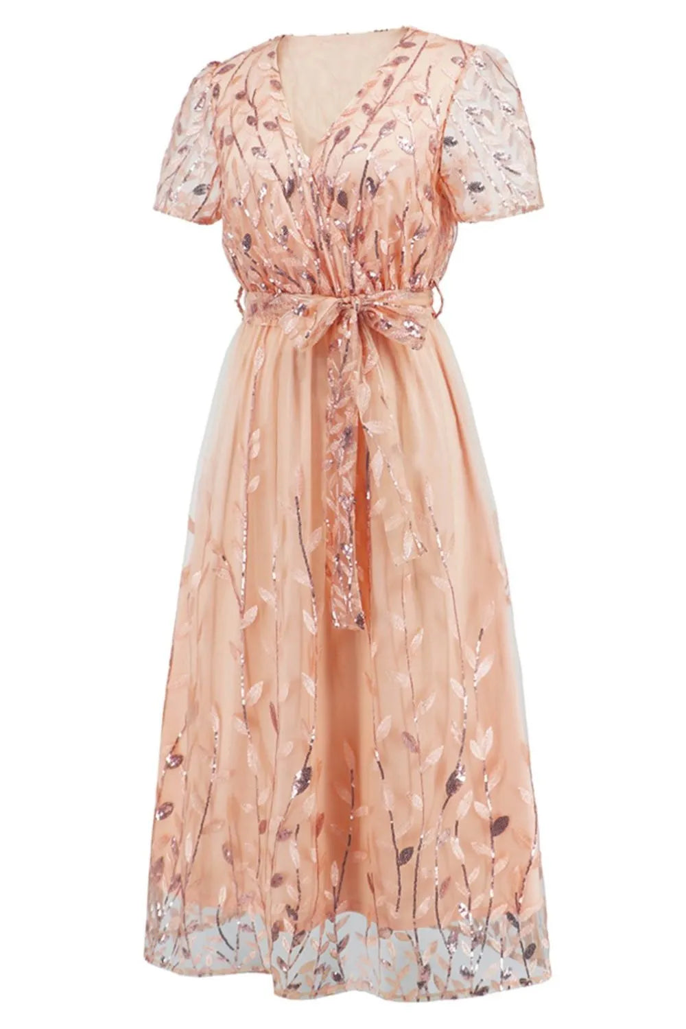 Sequin Leaf Embroidery Tie Front Short Sleeve Dress – Trendsi | ClozArt