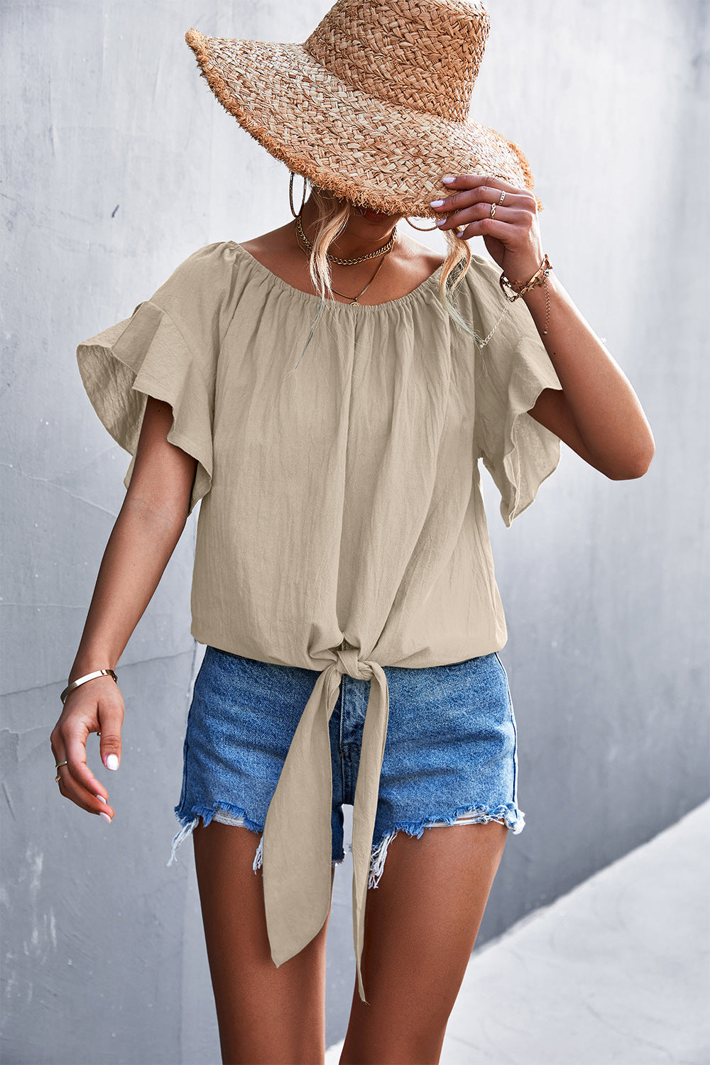 Flutter Sleeve Tie-Front Blouse – Trendsi | ClozArt