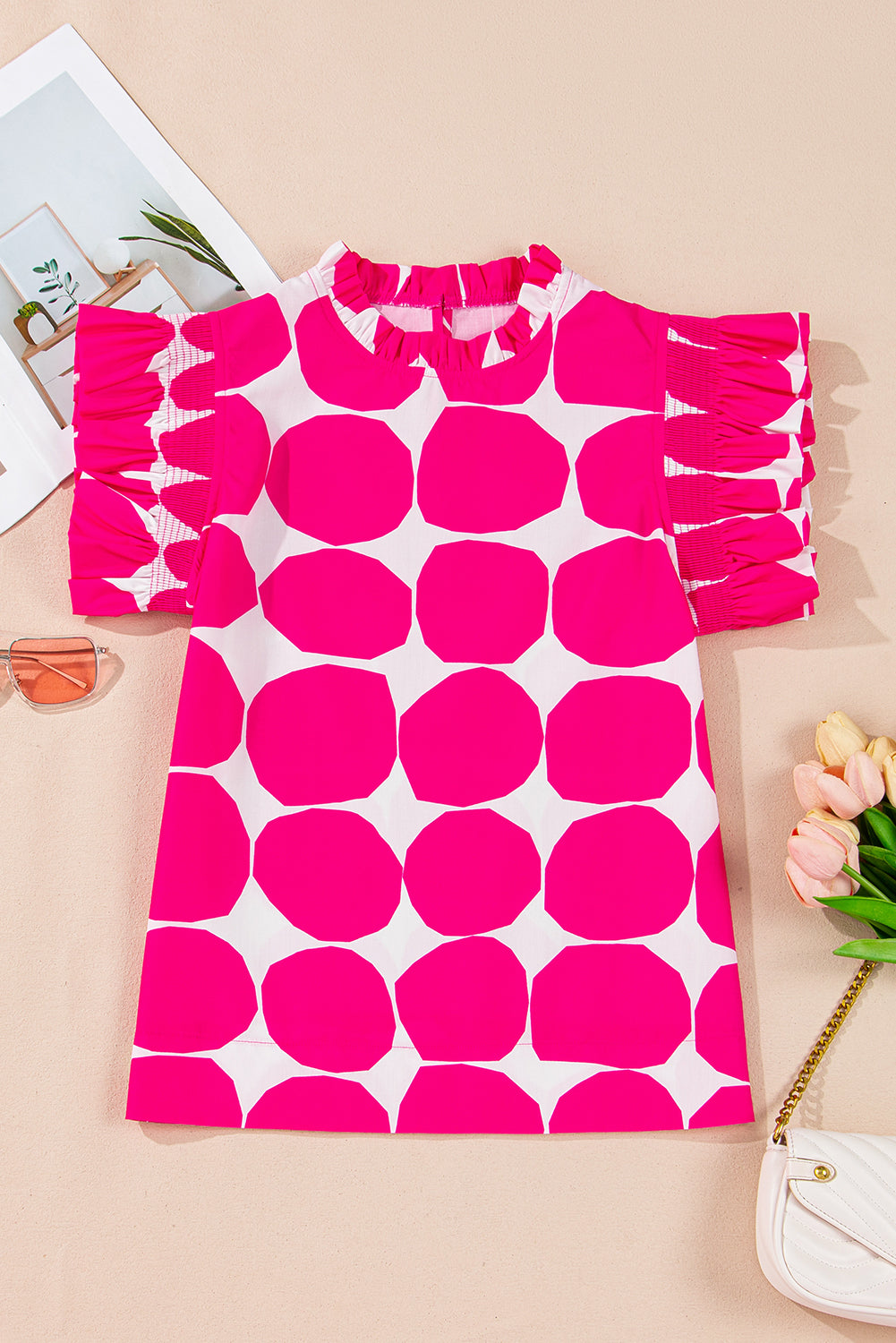 Rose Polka Dot Pattern Frill Neck Flutter Sleeve Top – Shewin | ClozArt