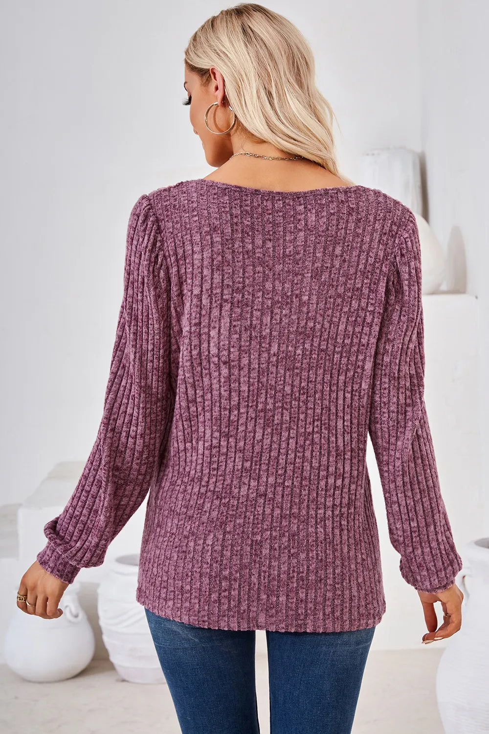 Ribbed Square Neck Long Sleeve T-Shirt – Trendsi | ClozArt