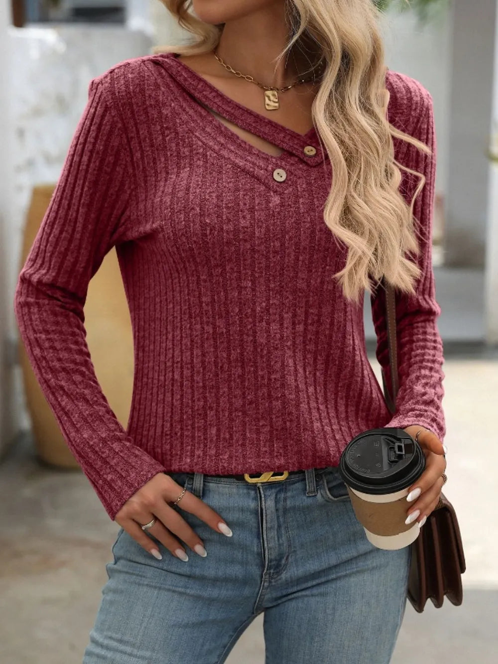 Mandy Ribbed V-Neck Long Sleeve T-Shirt – Trendsi | ClozArt