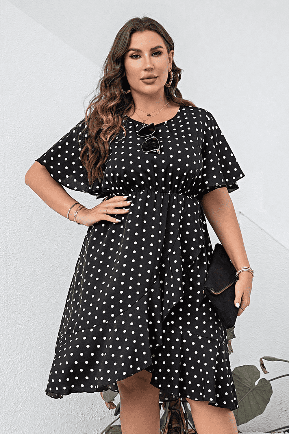 Plus Size Polka Dot Flutter Sleeve Dress – Trendsi | ClozArt