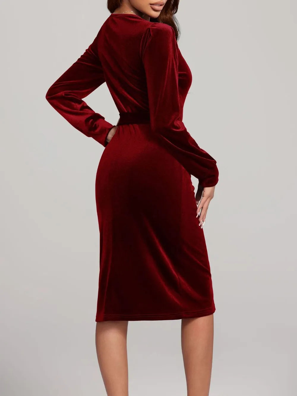 Round Neck Tie Waist Long Sleeve Velvet Dress – Trendsi | ClozArt
