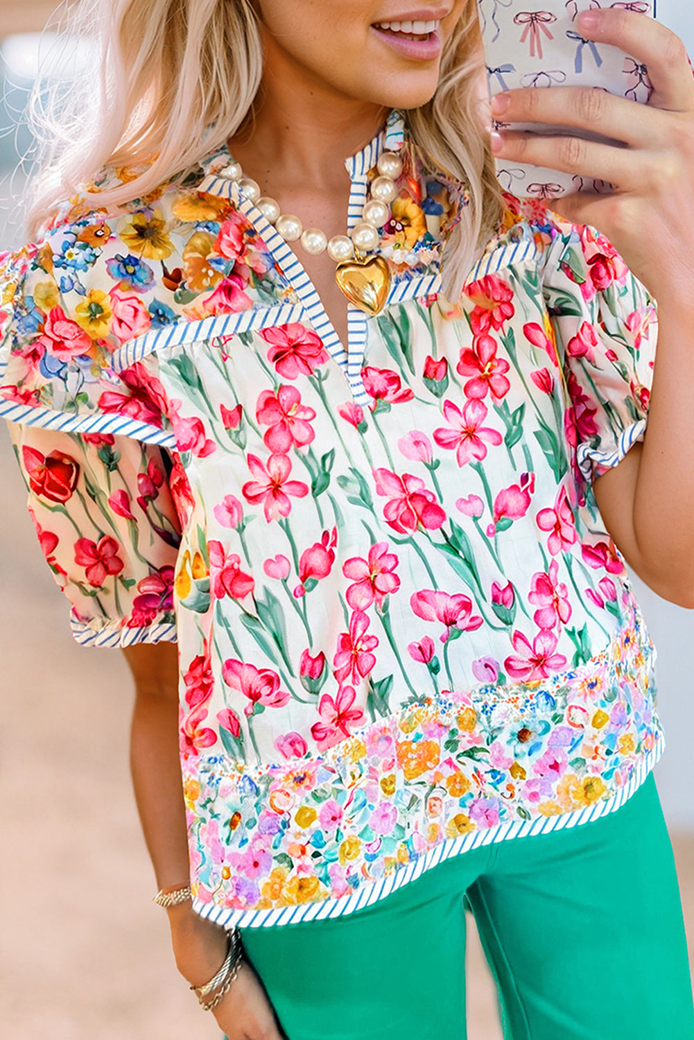 Pink Floral Print Striped Detail Split Neck Short Sleeve Blouse – Shewin | ClozArt