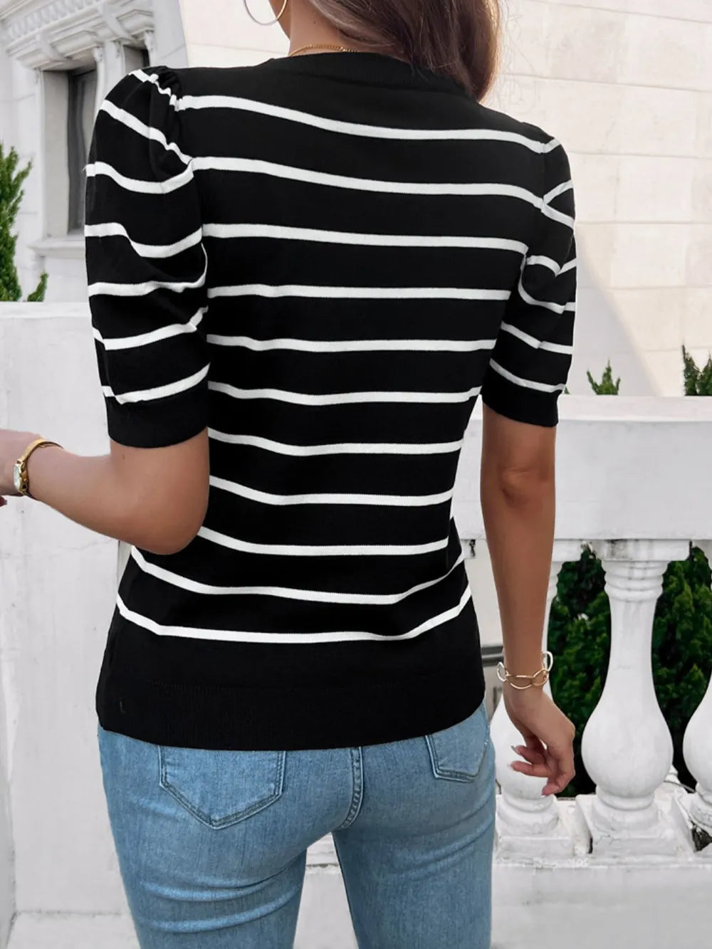 Devine Striped Round Neck Puff Sleeve Knit Top – Trendsi | ClozArt
