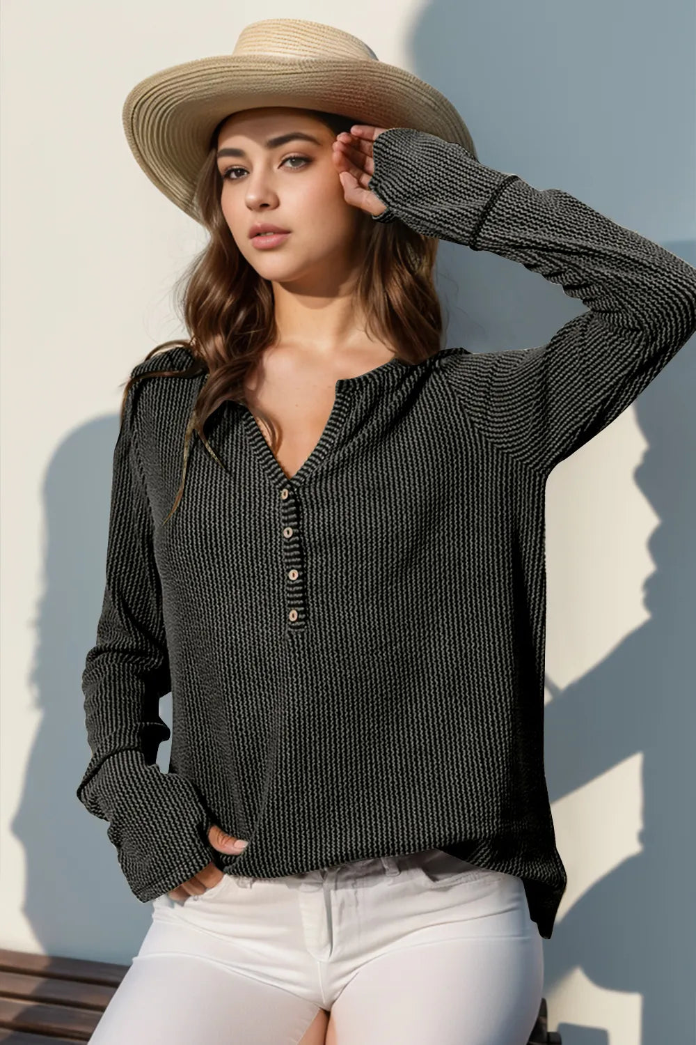 Double Take Full Size Notched Thumbhole Long Sleeve T-Shirt – Trendsi | ClozArt