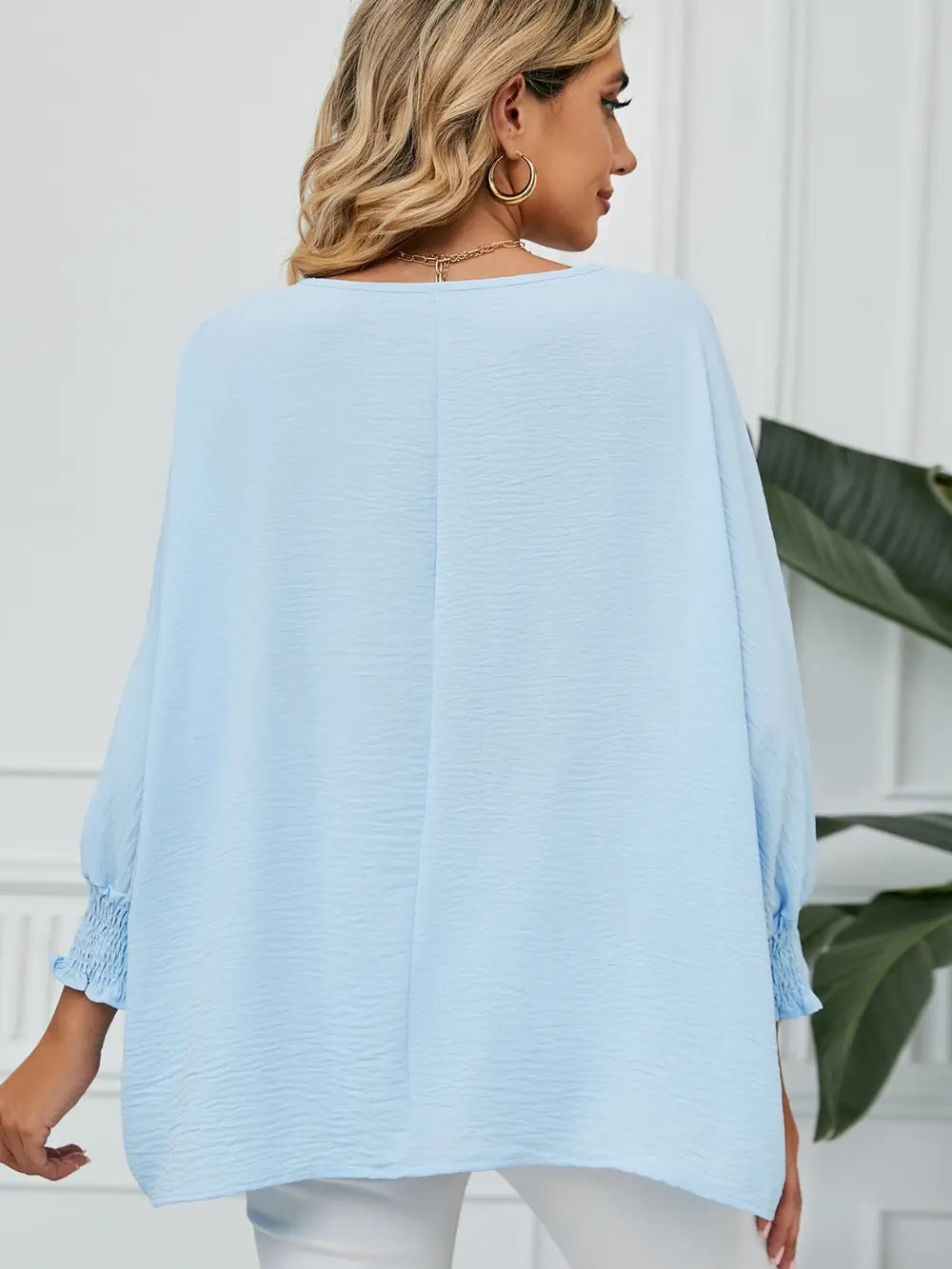 Smocked Lantern Sleeve Round Neck Blouse – Trendsi | ClozArt