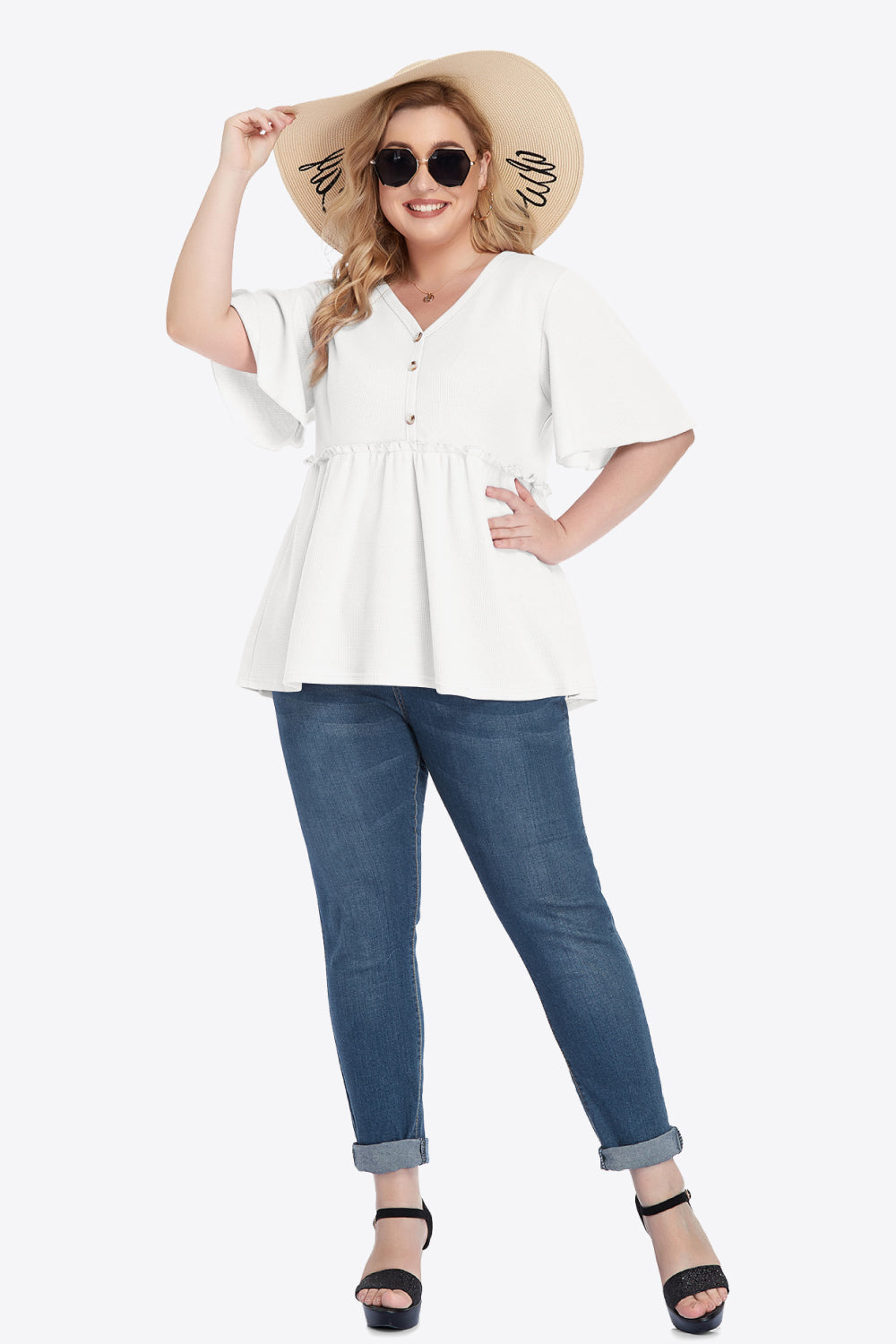 Plus Size Buttoned V-Neck Frill Trim Babydoll Blouse – Trendsi | ClozArt