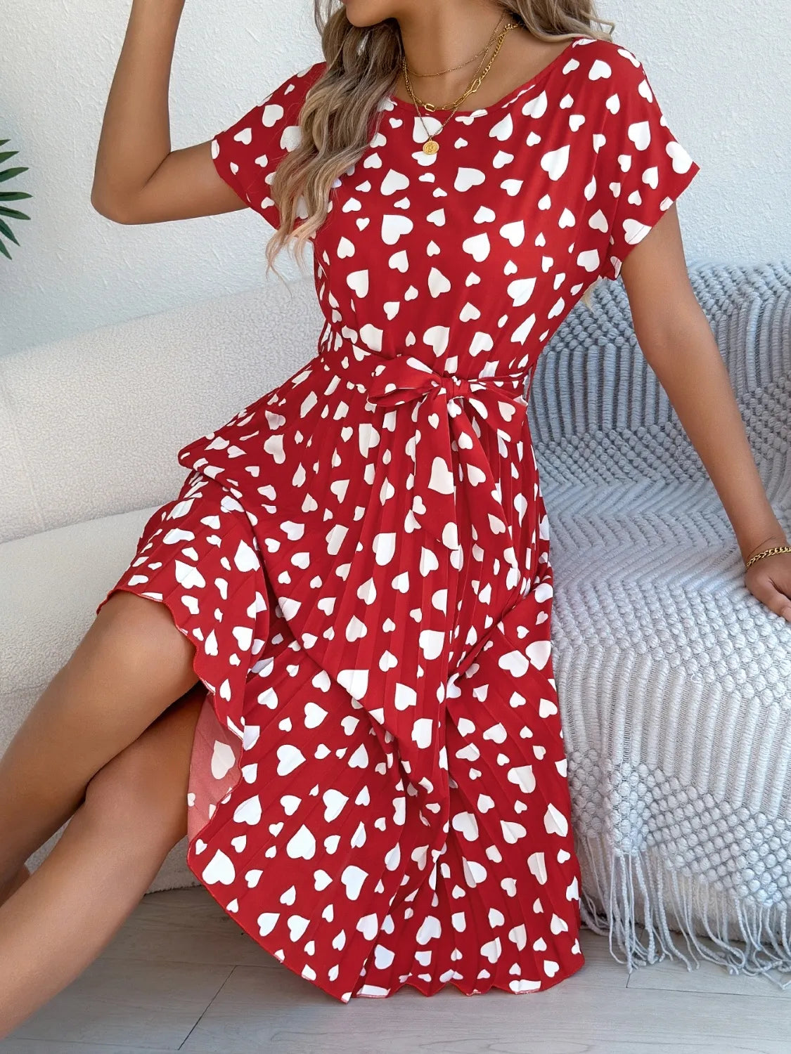 Heart Print Short Sleeve Tie Waist Dress – Trendsi | ClozArt