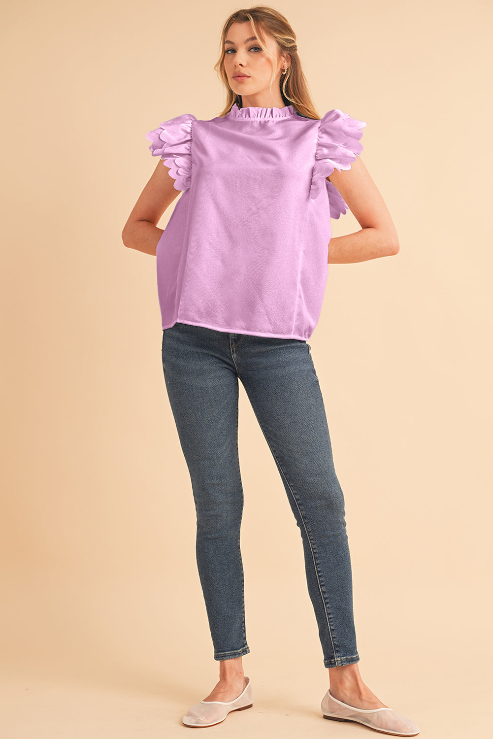 Bright Pink Solid Scalloped Ruffle Sleeve Blouse – Shewin | ClozArt