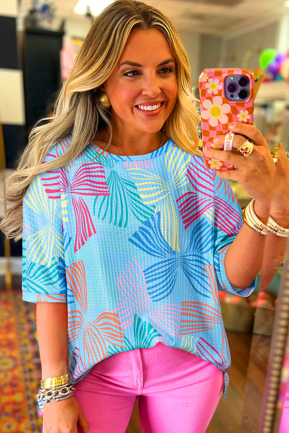 Multicolour Bowknot Print Waffle Loose Tee – Shewin | ClozArt