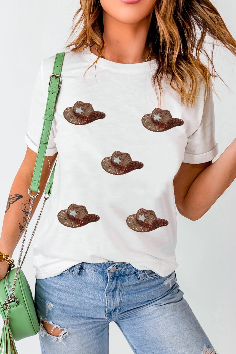 Sequin Hat Round Neck Short Sleeve T-Shirt – Trendsi | ClozArt