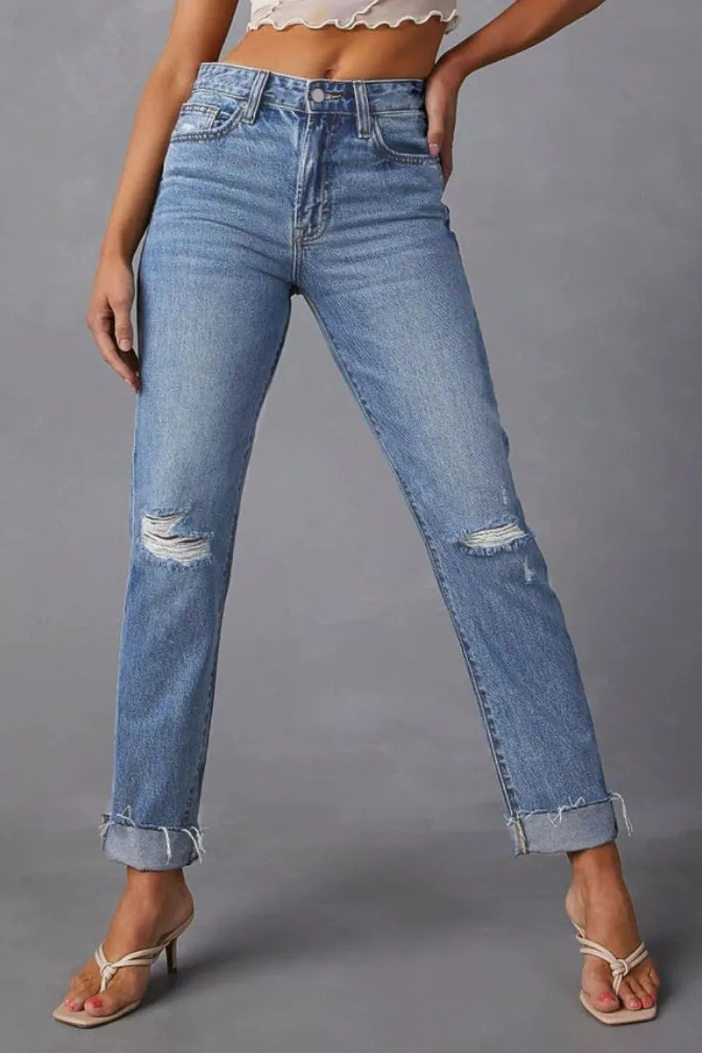 Distressed Raw Hem Straight Jeans with Pockets – Trendsi | ClozArt