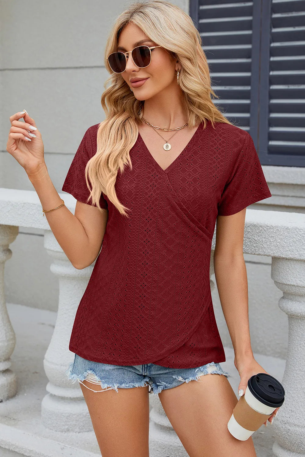 Eyelet Surplice Short Sleeve T-Shirt – Trendsi | ClozArt