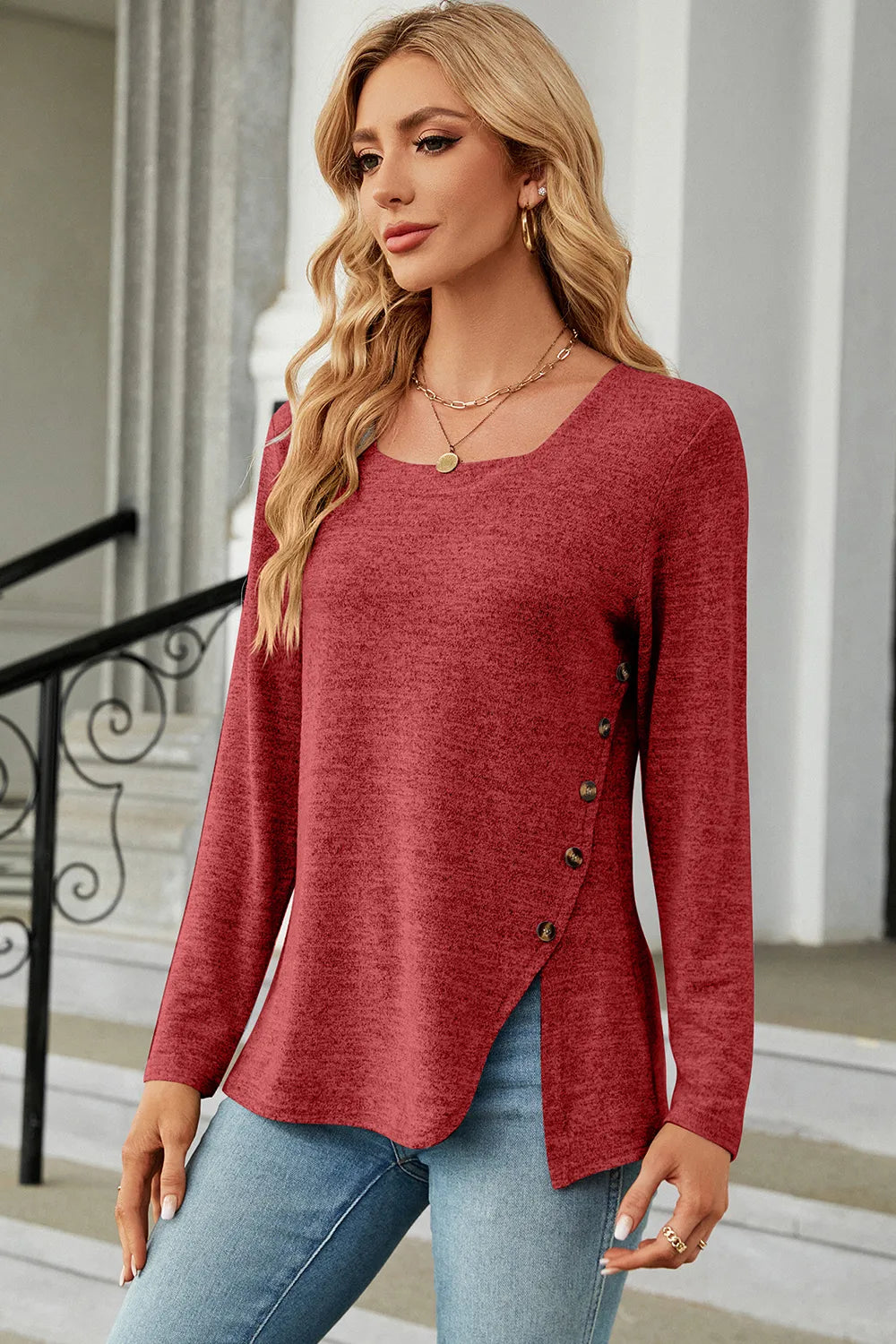 Slit Decorative Button Square Neck T-Shirt – Trendsi | ClozArt