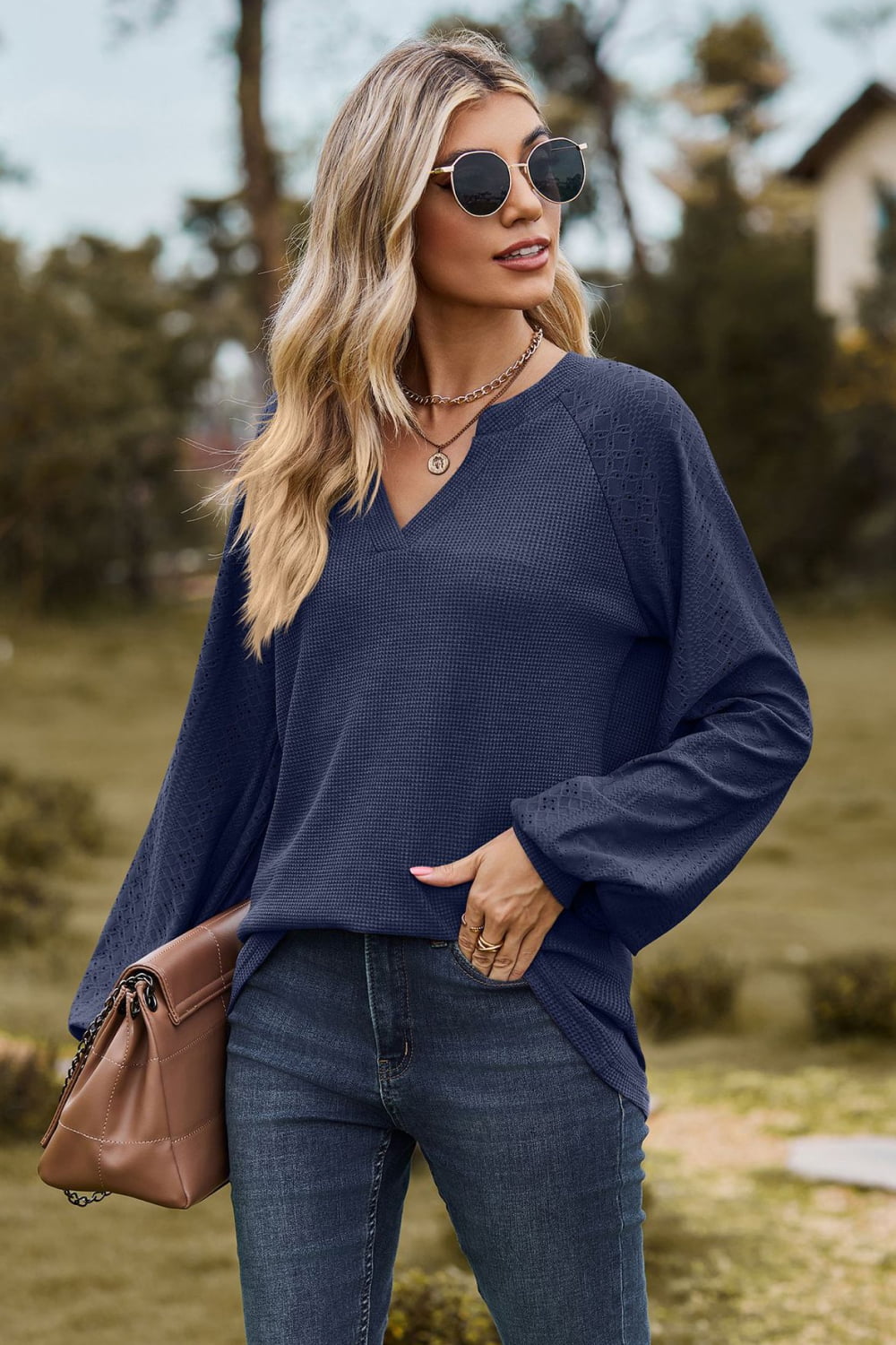 Notched Neck Raglan Sleeve Blouse – Trendsi | ClozArt