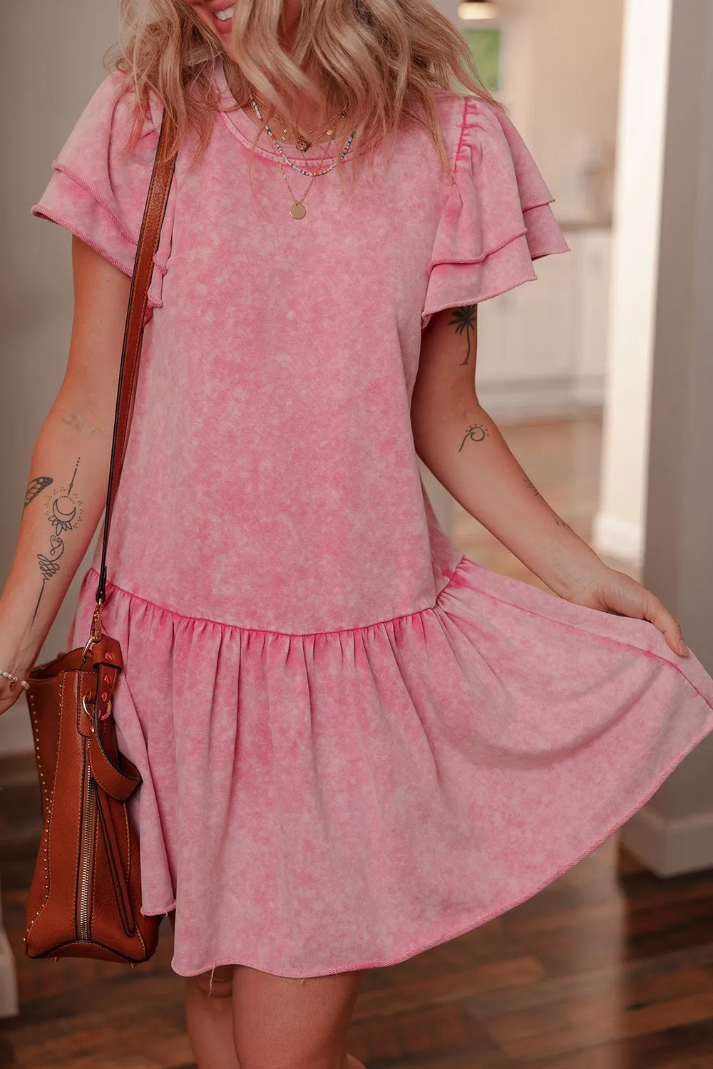 Mineral Wash Raw Edge Ruffle Mini Dress – Trendsi | ClozArt