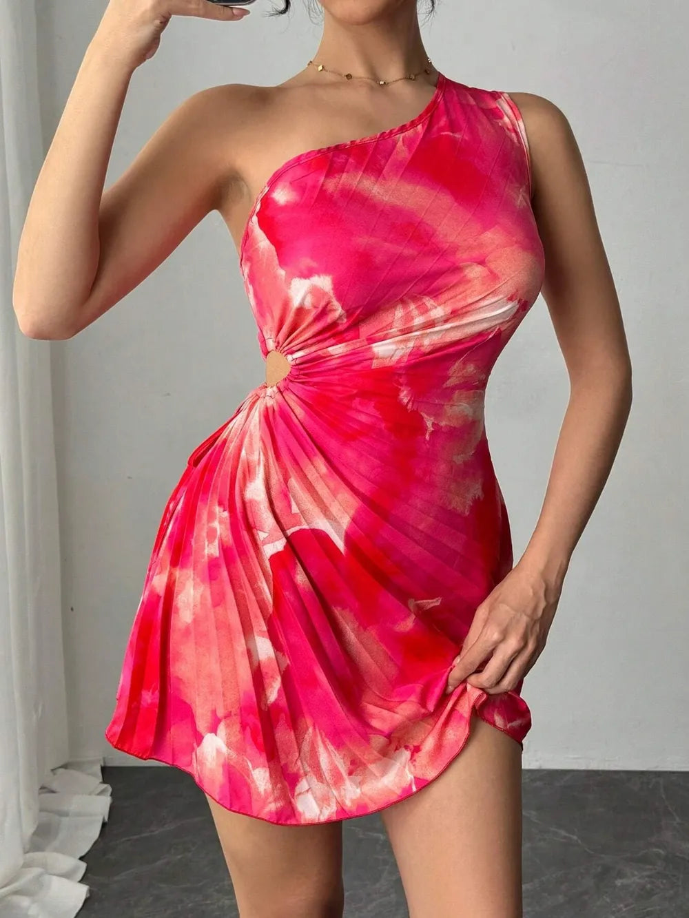 Cutout Drawstring Pleated Tie-Dye Sleeveless Mini Dress – Trendsi | ClozArt