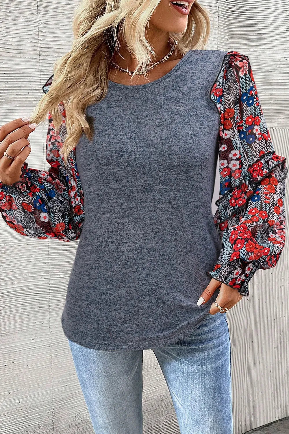 Heathered Floral Frill Lantern Sleeve Blouse – Trendsi | ClozArt
