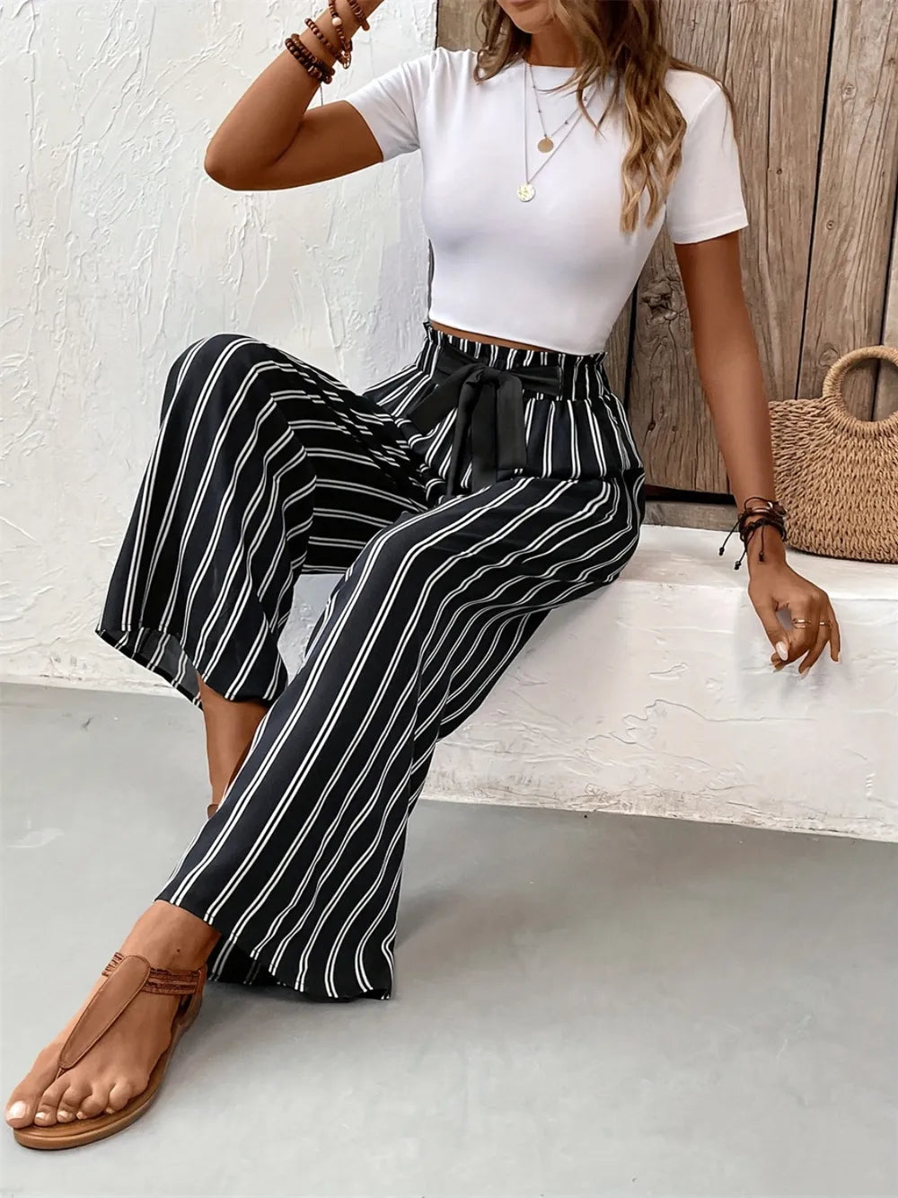 Striped High Waist Wide Leg Pants – Trendsi | ClozArt