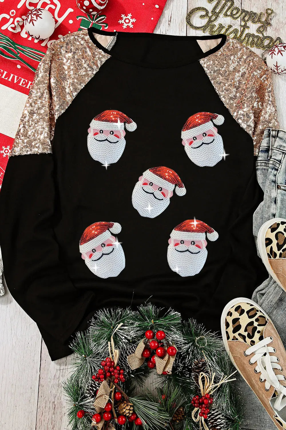 Santa Sequin Long Sleeve Round Neck Top – Trendsi | ClozArt