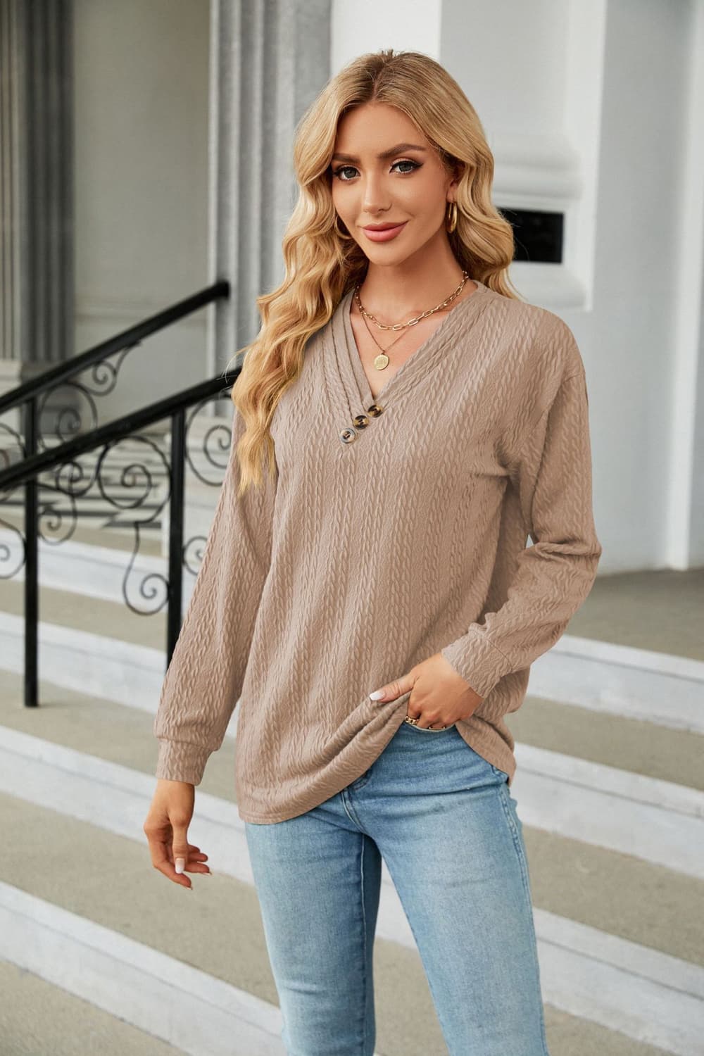 Decorative Button V-Neck Long Sleeve T-Shirt – Trendsi | ClozArt