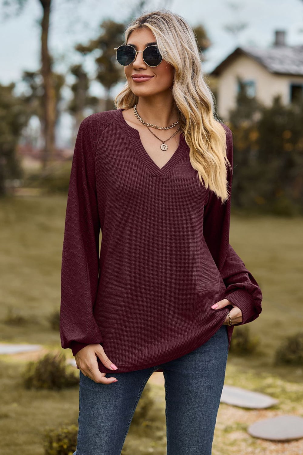 Notched Neck Raglan Sleeve Blouse – Trendsi | ClozArt