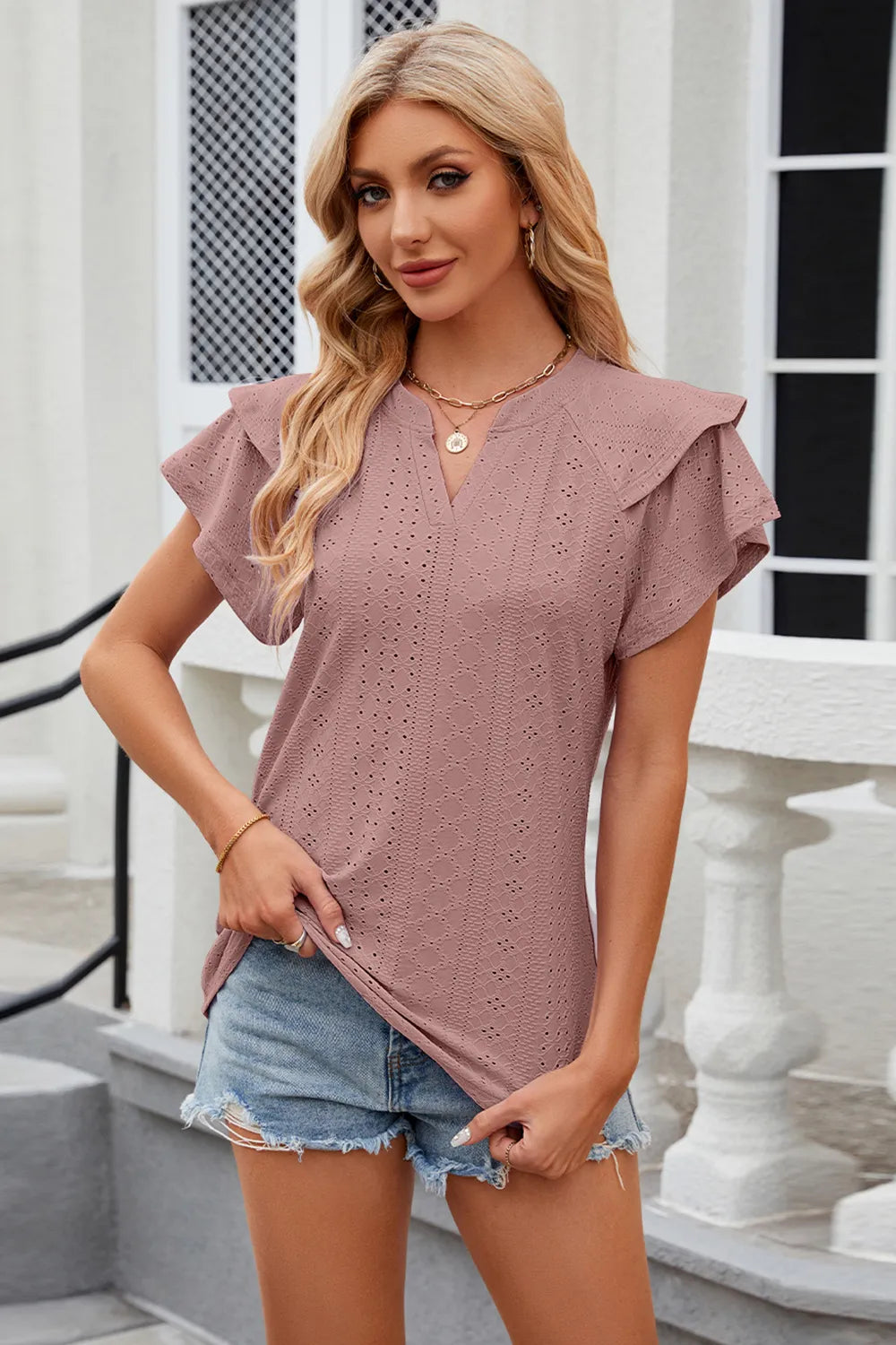 Eyelet Notched Short Sleeve T-Shirt – Trendsi | ClozArt