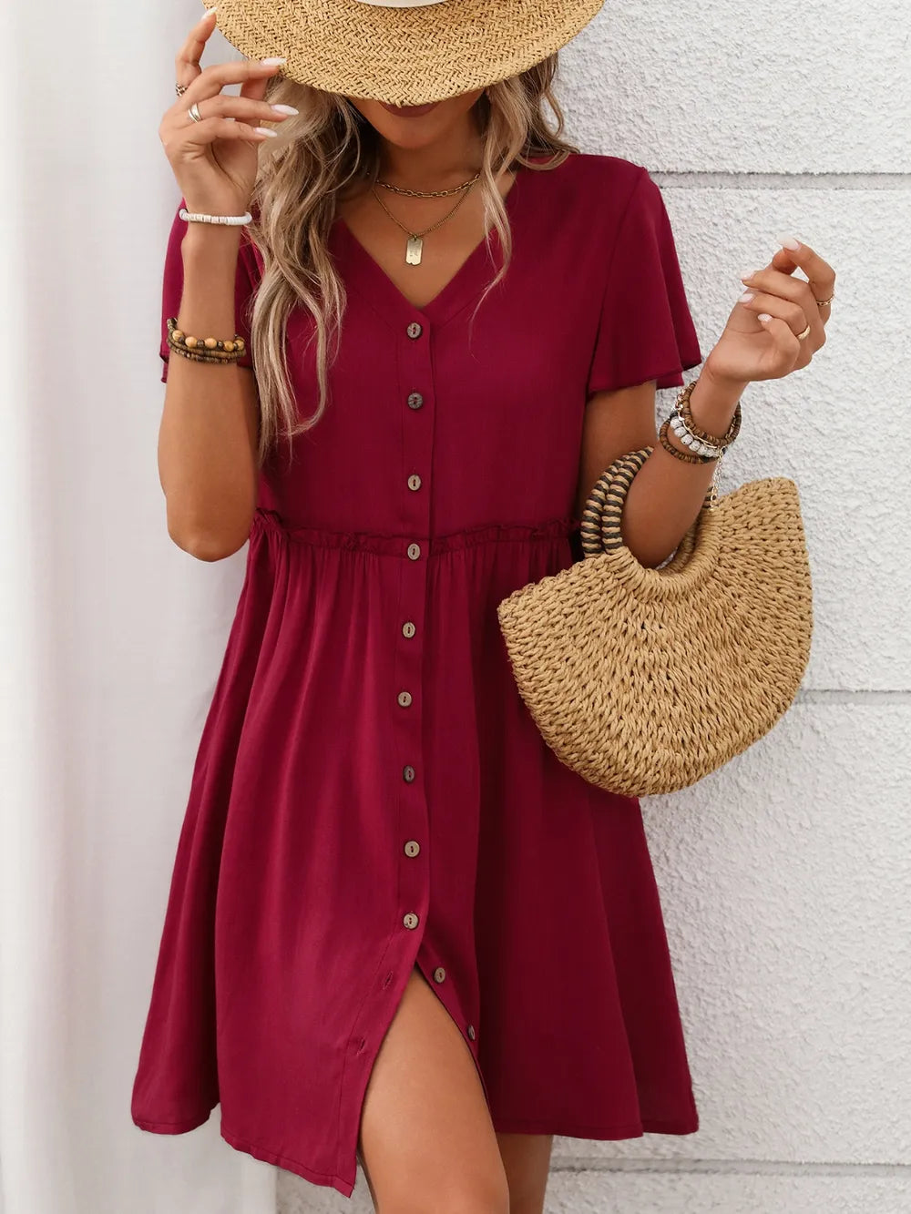 Button Front Flutter Sleeve Dress – Trendsi | ClozArt