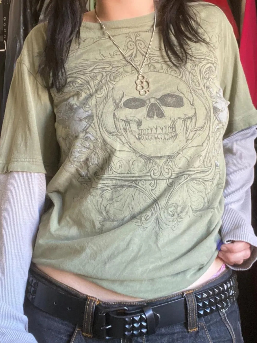 Skull Round Neck Long Sleeve Fake Two Pieces T-Shirt – Trendsi | ClozArt