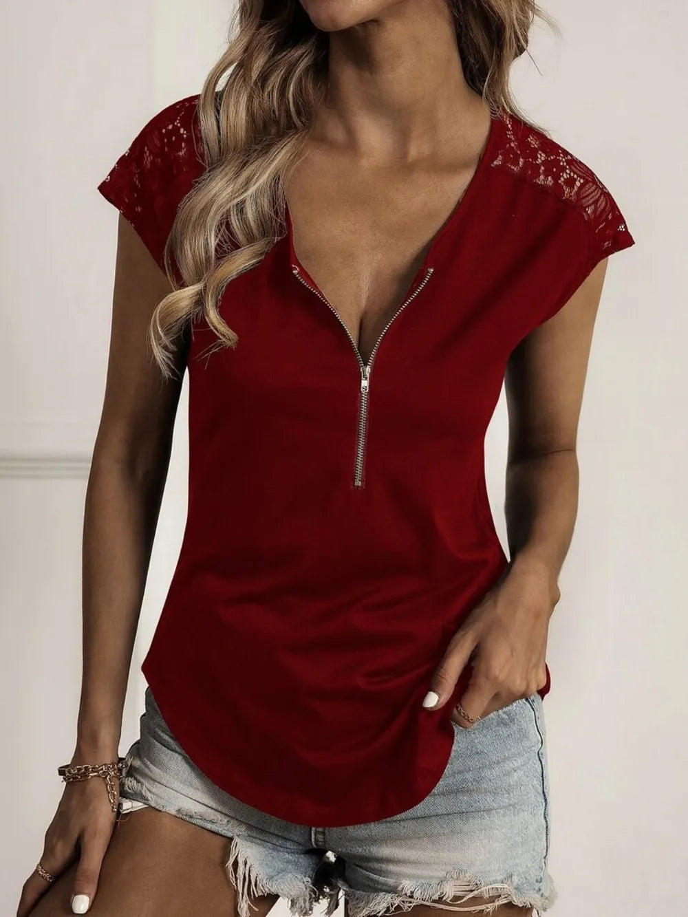 Lace Detail Half Zip Cap Sleeve T-Shirt – Trendsi | ClozArt