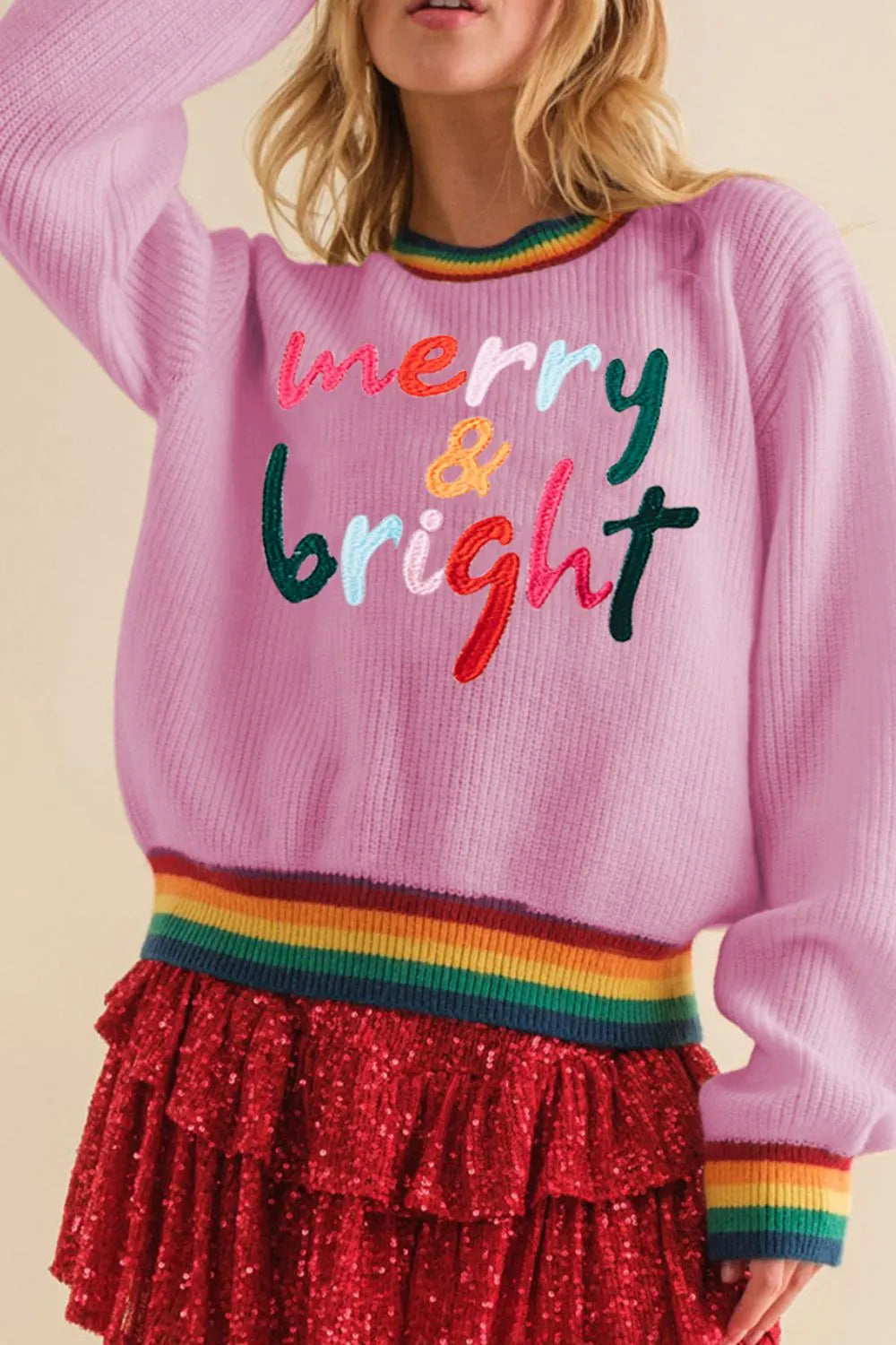 MERRY & BRIGHT Ribbed Round Neck Sweater – Trendsi | ClozArt