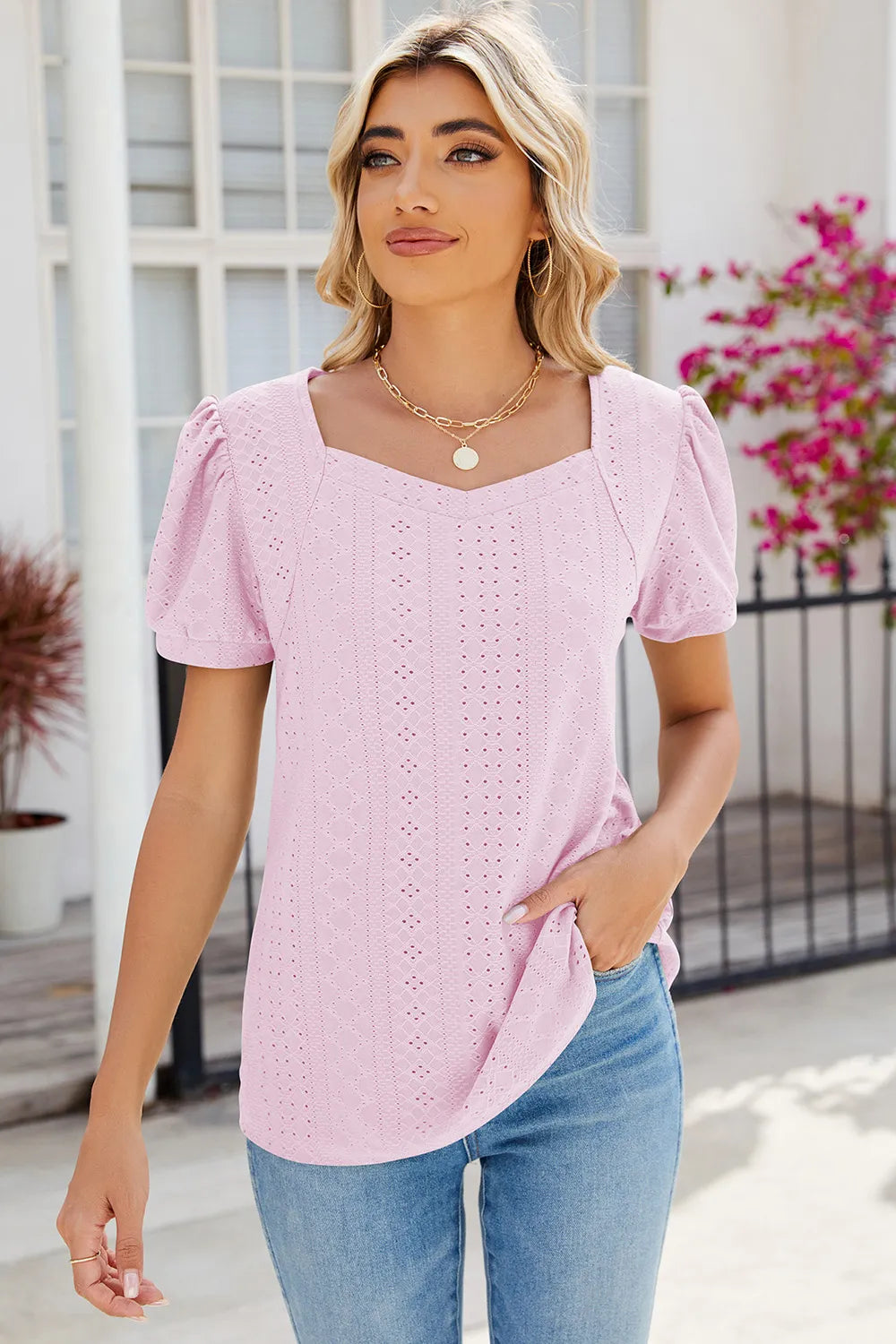 Eyelet Puff Sleeve T-Shirt – Trendsi | ClozArt