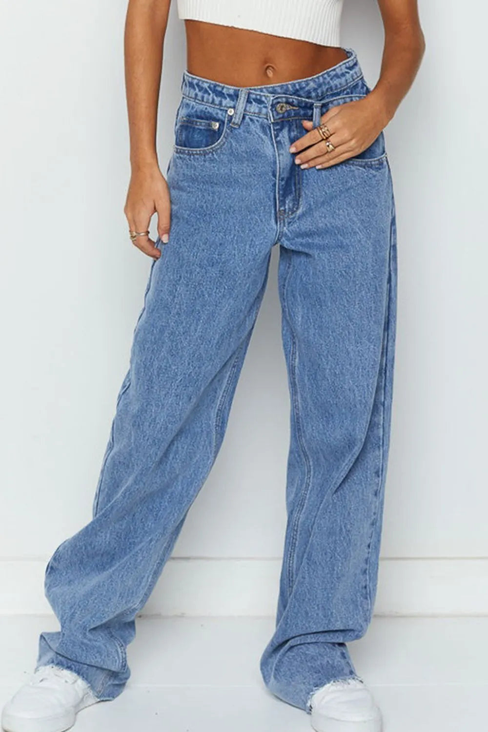Mid Rise Asymmetrical Waist Wide Leg Jeans – Trendsi | ClozArt