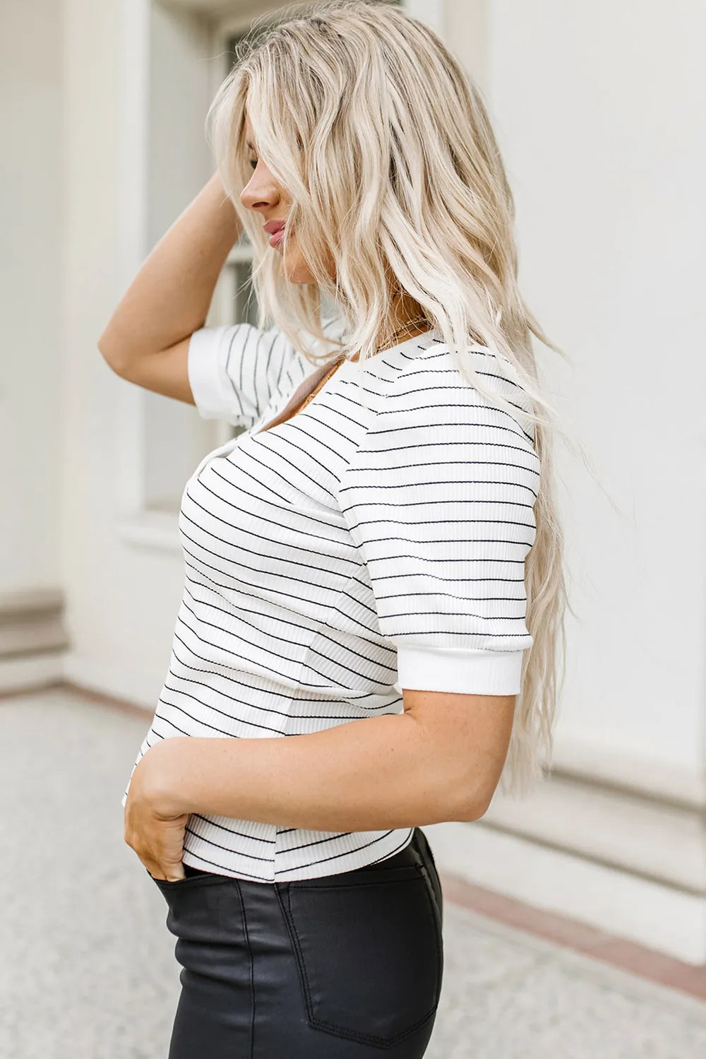 Striped Notched Short Sleeve T-Shirt – Trendsi | ClozArt
