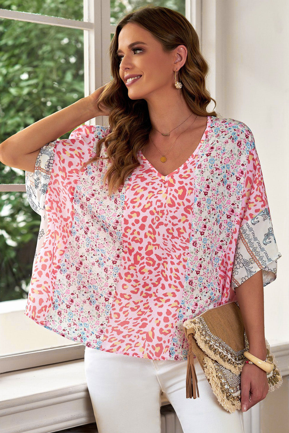 Mixed Print V-Neck Blouse – Trendsi | ClozArt