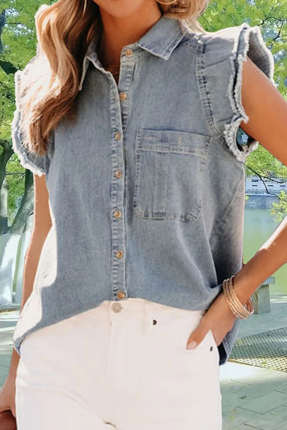 Raw Hem Button Up Cap Sleeve Denim Top – Trendsi | ClozArt