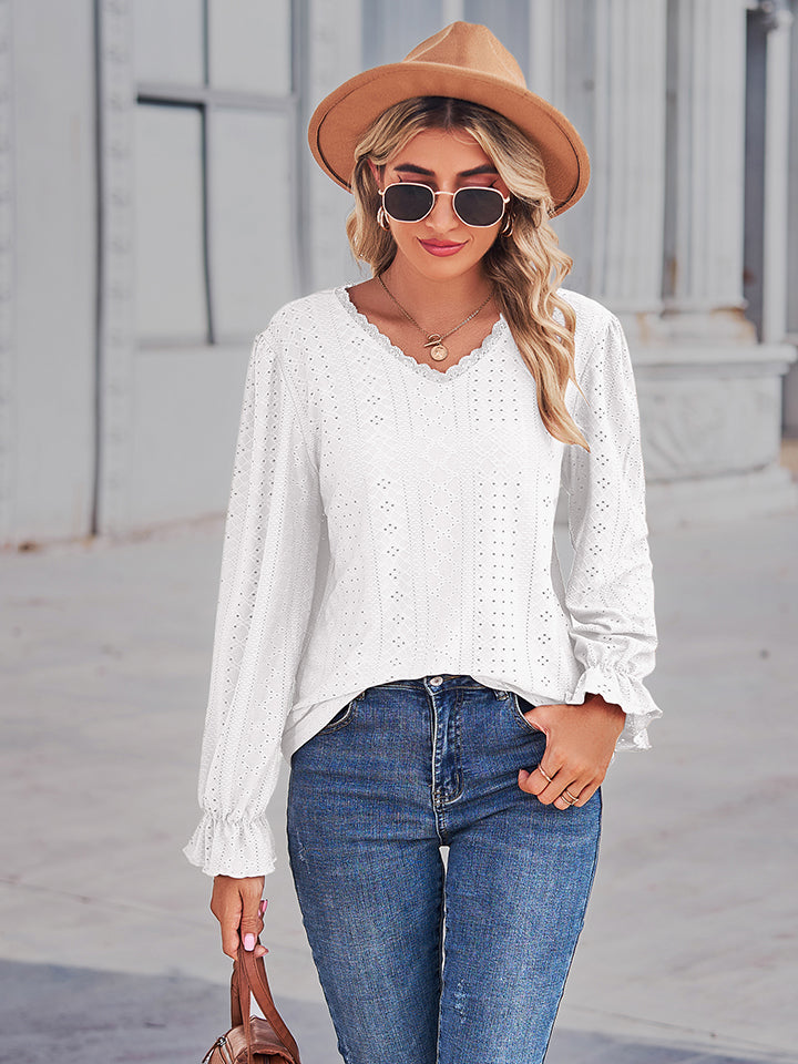 Eyelet V-Neck Flounce Sleeve Blouse – Trendsi | ClozArt