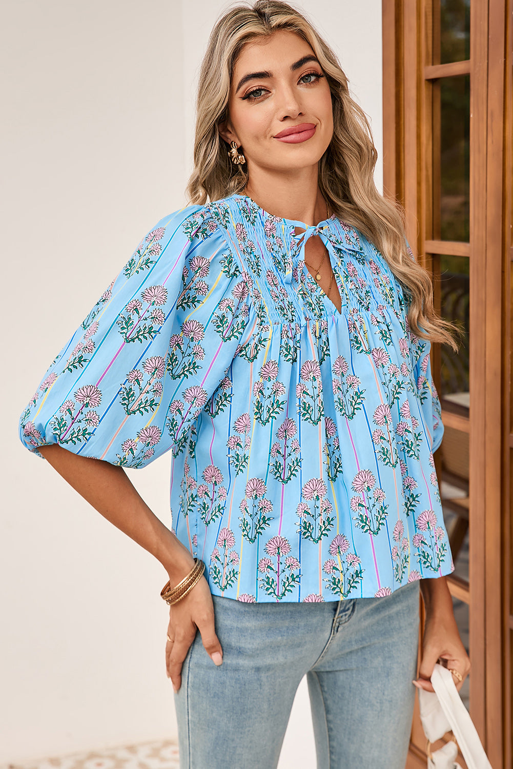 Sky Blue Floral Striped Smocked V Neck Blouse – Shewin | ClozArt
