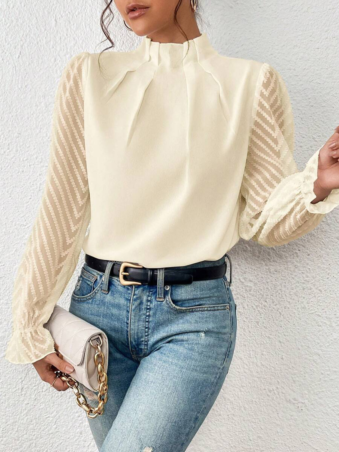 Mock Neck Flounce Sleeve Blouse – Trendsi | ClozArt