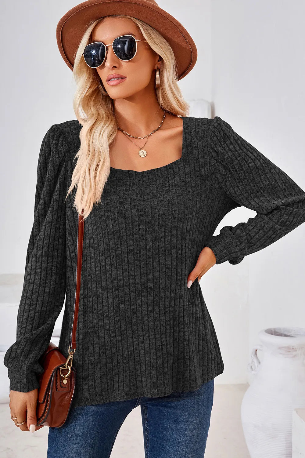 Ribbed Square Neck Long Sleeve T-Shirt – Trendsi | ClozArt