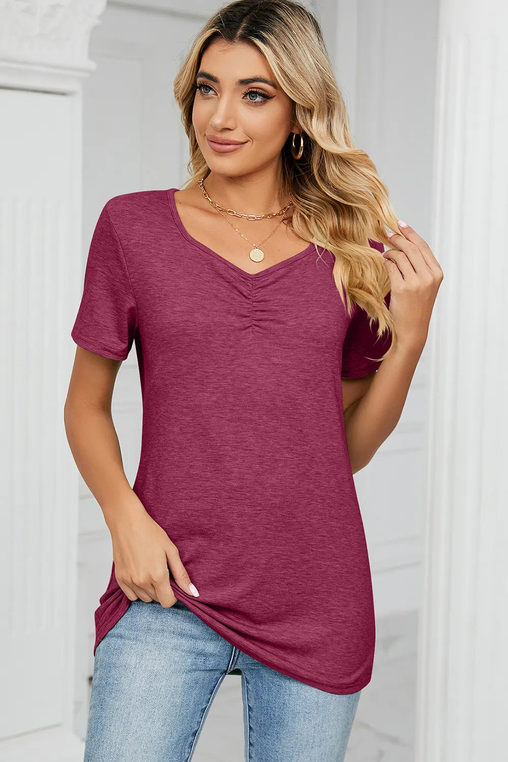 Ruched Heathered Short Sleeve T-Shirt – Trendsi | ClozArt