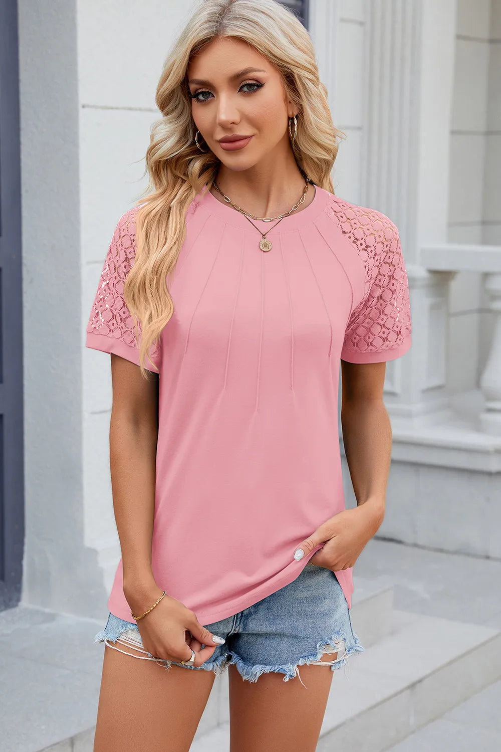 Openwork Round Neck Short Sleeve T-Shirt – Trendsi | ClozArt