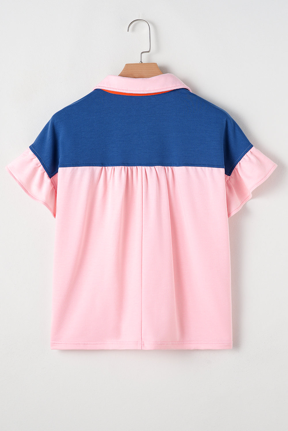 Gossamer Pink Color Block Half Buttoned Ruffled Short Sleeve Pop of Color Neckline T Shirt – Shewin | ClozArt