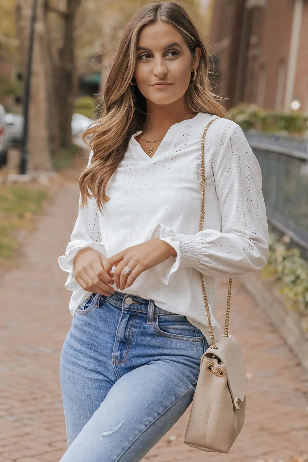 Openwork Notched Flounce Sleeve Blouse – Trendsi | ClozArt