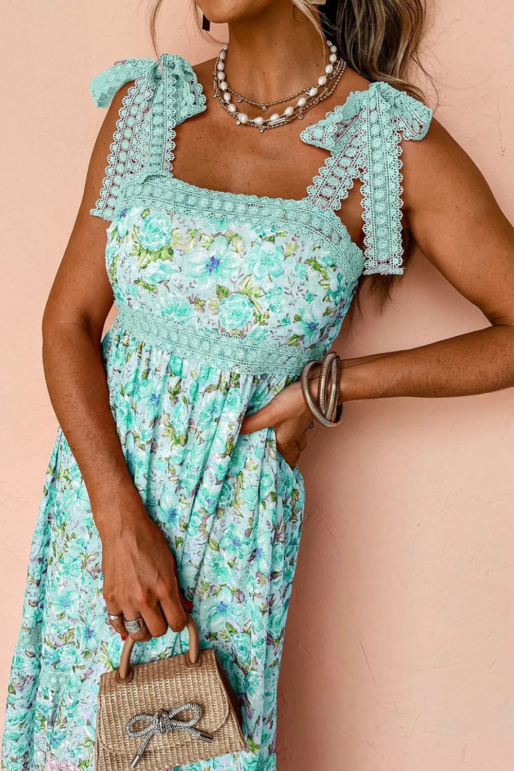 Lace Detail Square Neck Floral Dress – Trendsi | ClozArt