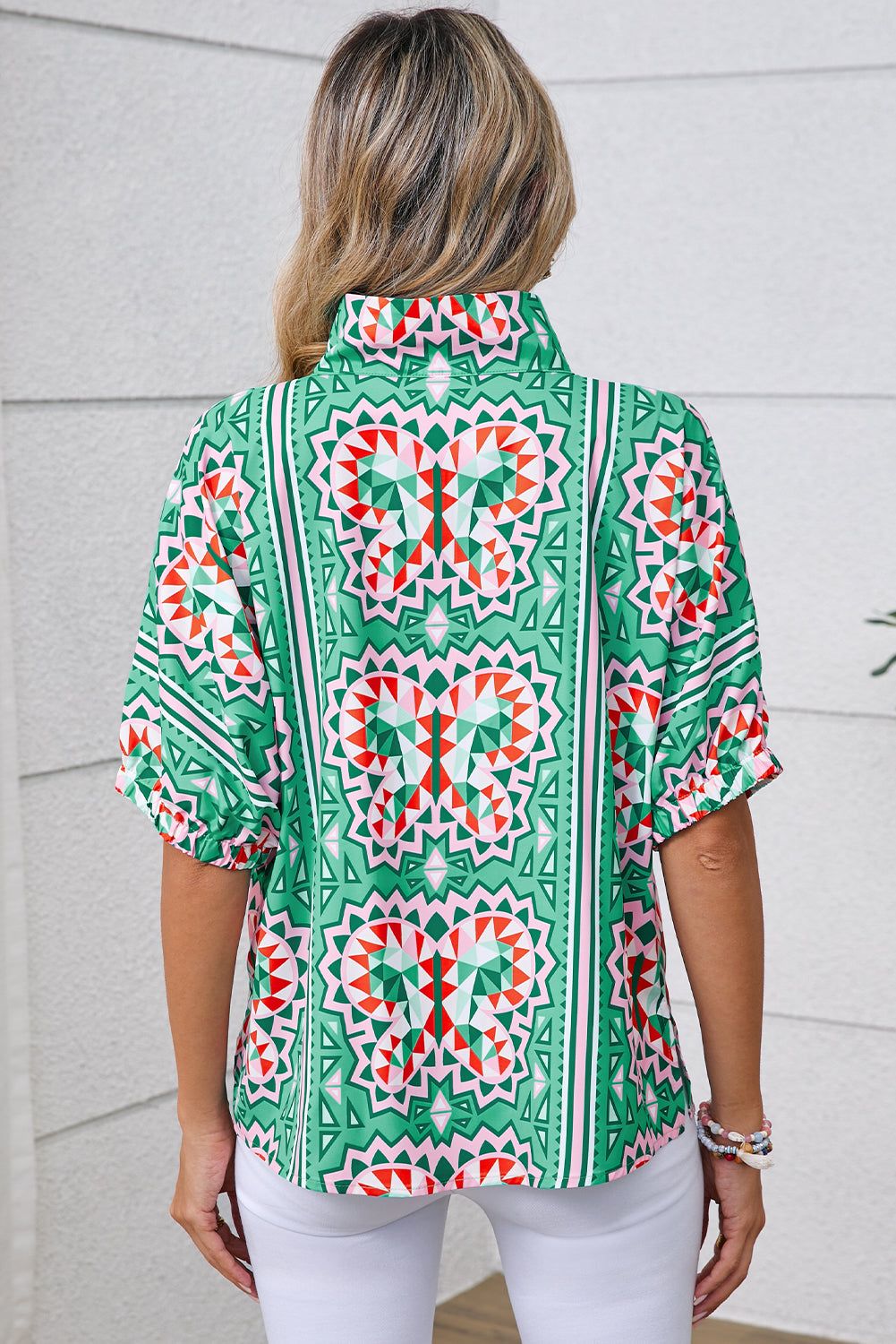 Sea Green Boho Geometric Print Pop of Color Neckline Blouse – Shewin | ClozArt
