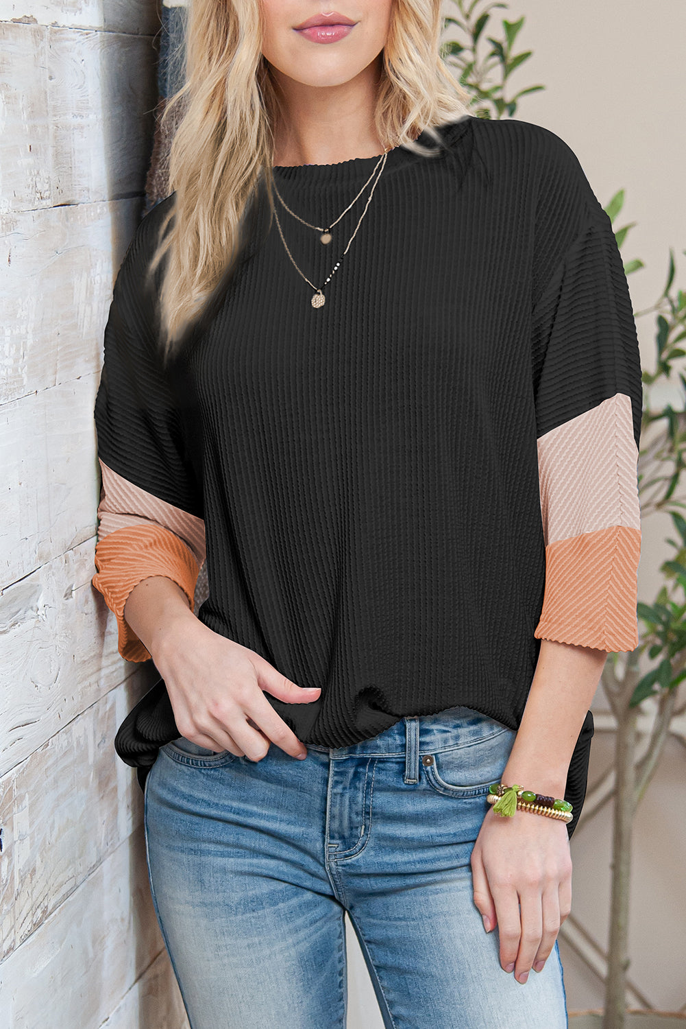 Carbon Grey Ribbed Colorblock Drop Sleeve Top – Shewin | ClozArt