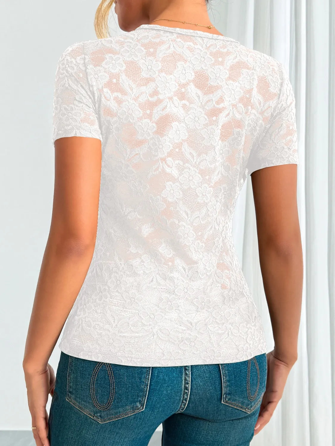 Lace V-Neck Short Sleeve Top – Trendsi | ClozArt