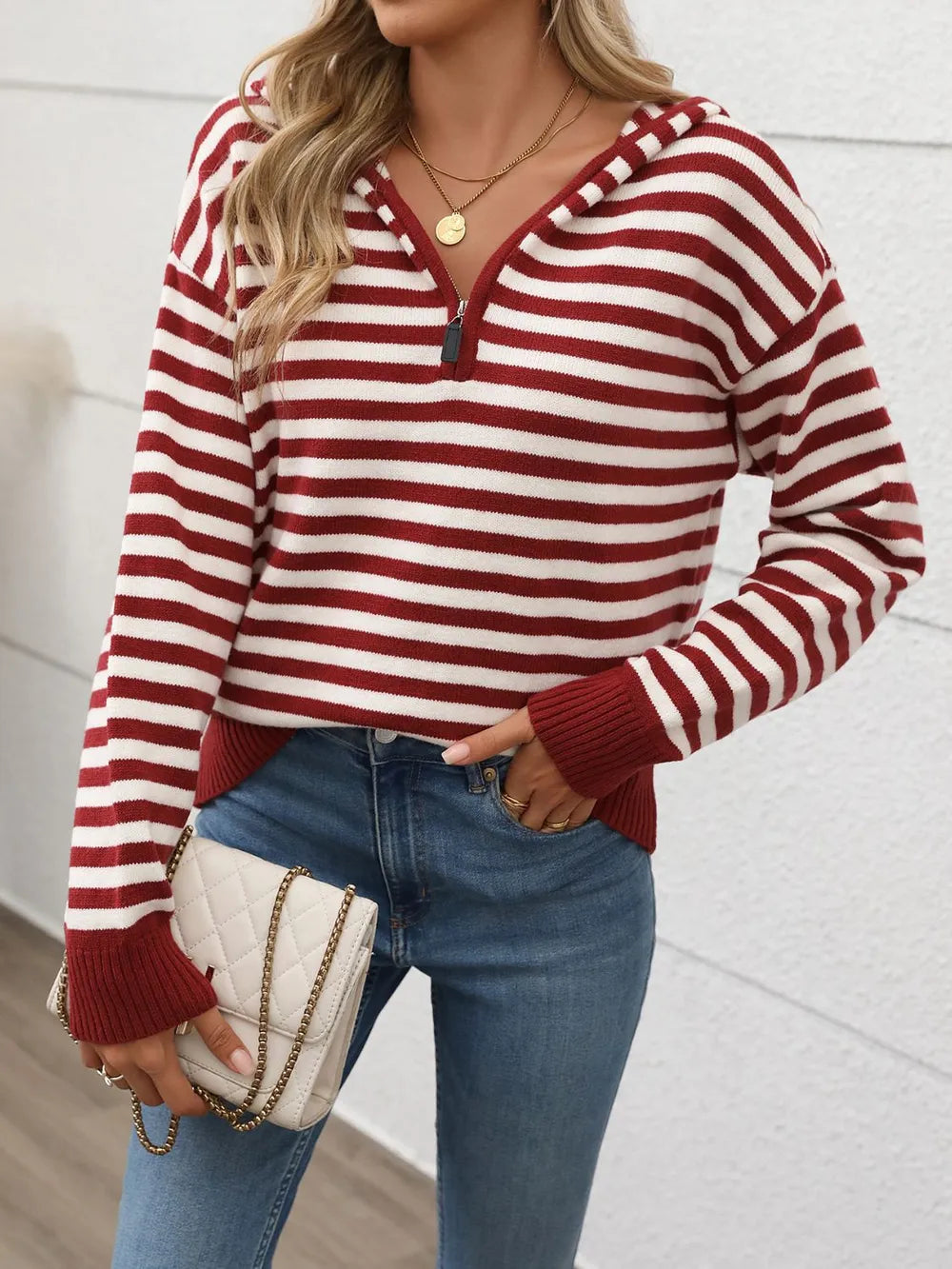 Perfee Striped Long Sleeve Hooded Sweater – Trendsi | ClozArt